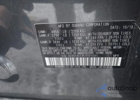 2020 Subaru Outback Premium z USA, uszkodzony, nr VIN 4S4BTACC2L3121591